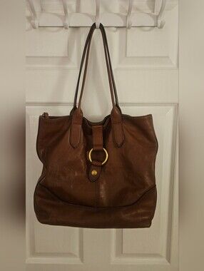 Frye Cognac Leather Tote Handbag with Gold Ring Accent